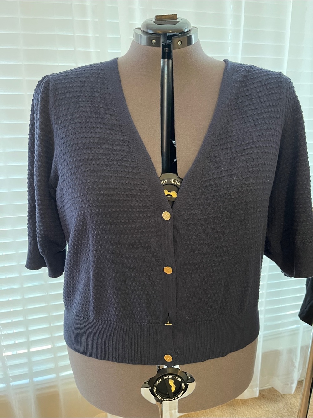 Draper James Navy Short-Sleeve Popcorn Texture Cardigan with Gold Buttons